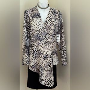 Alfani NWT White, Black Blue Animal Print Asymmetrical Wrap Look Blouse Sz L